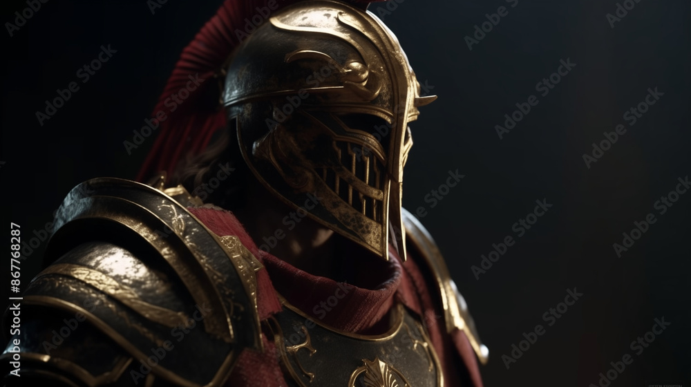 Spartan soldier in gold and black Armour with a red cape Spartan soldier in gold and black Armour with a red cape
