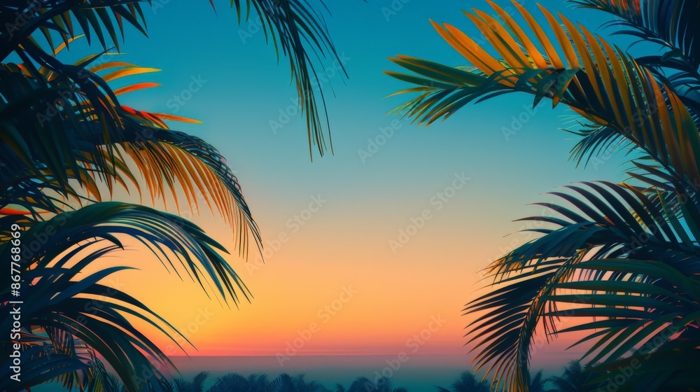 A tropical sunset framed by palm leaves A tropical sunset framed by palm leaves