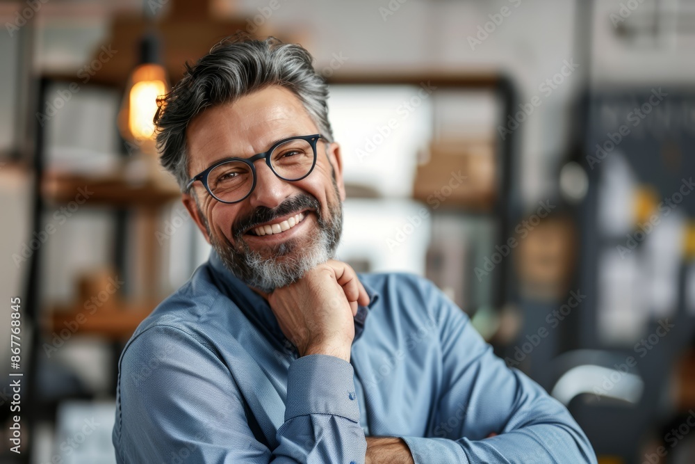Fototapeta premium A middle-aged man in an office setting with a blue shirt, wearing glasses, smiles warmly