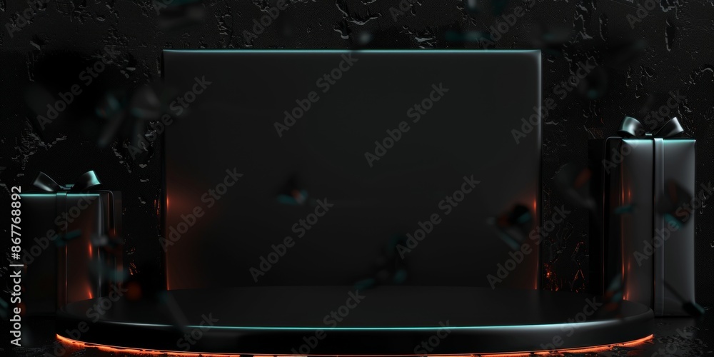 Black flat border with space for text. Dark frame. Gift boxes with bows on a dark background, highlighted with soft lighting to create a mysterious ambiance Black flat border with space for text. Dark frame. Gift boxes with bows on a dark background, highlighted with soft lighting to create a mysterious ambiance