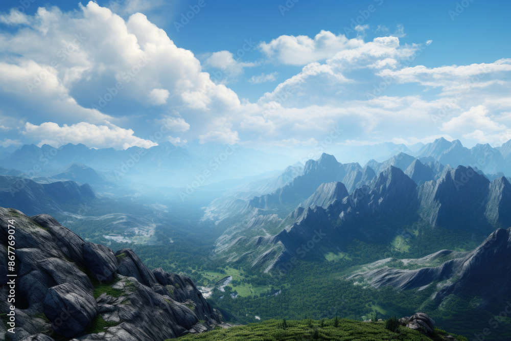 Fototapeta premium Mountain landscape with clouds and blue sky, natural background