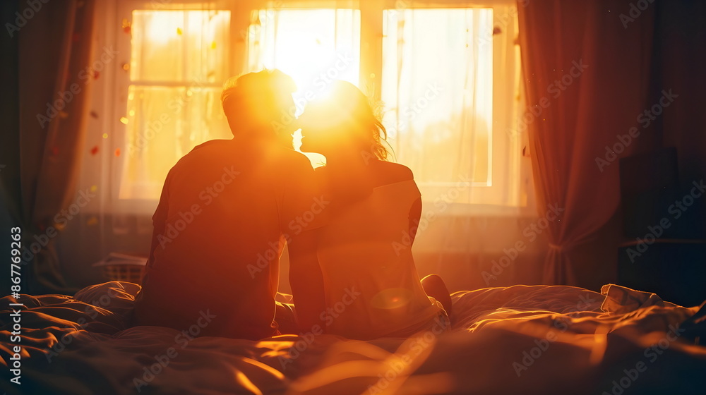 Romantic Couple Silhouette Sunrise Bedroom Intimacy Romantic Couple Silhouette Sunrise Bedroom Intimacy