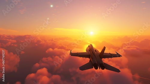 A fighter jet flies at sunset surrounded by clouds