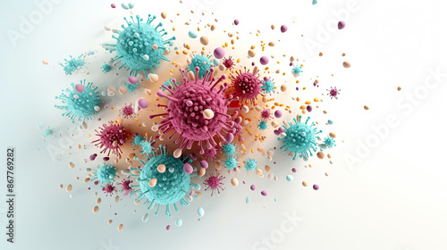 Colorful microscopic viruses and bacteria on white background
