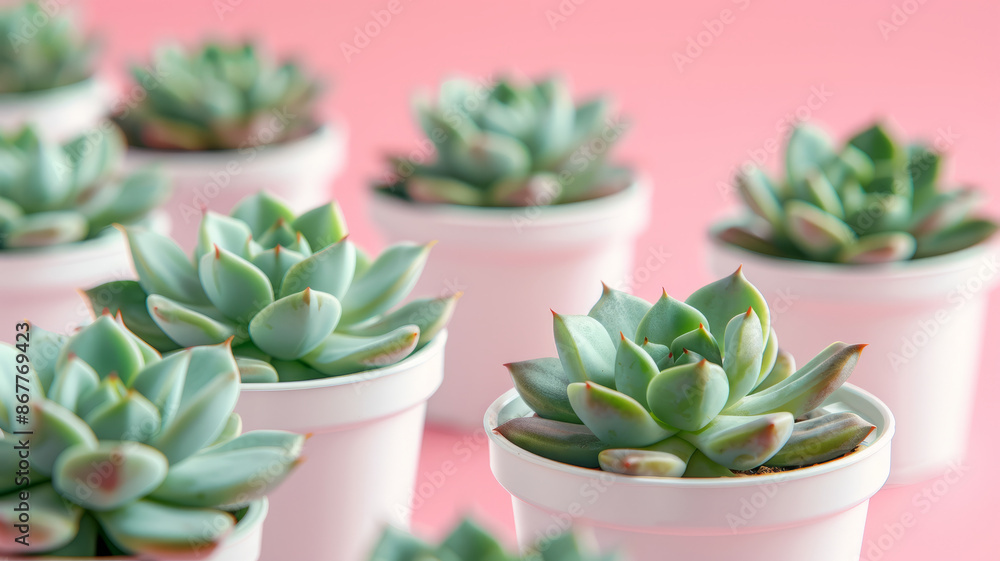 Multiple potted succulents on a pink background. Multiple potted succulents on a pink background.
