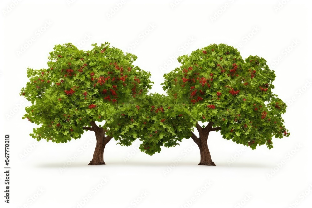 Two lush green trees with red fruit stand side by side against a white background. Two lush green trees with red fruit stand side by side against a white background.