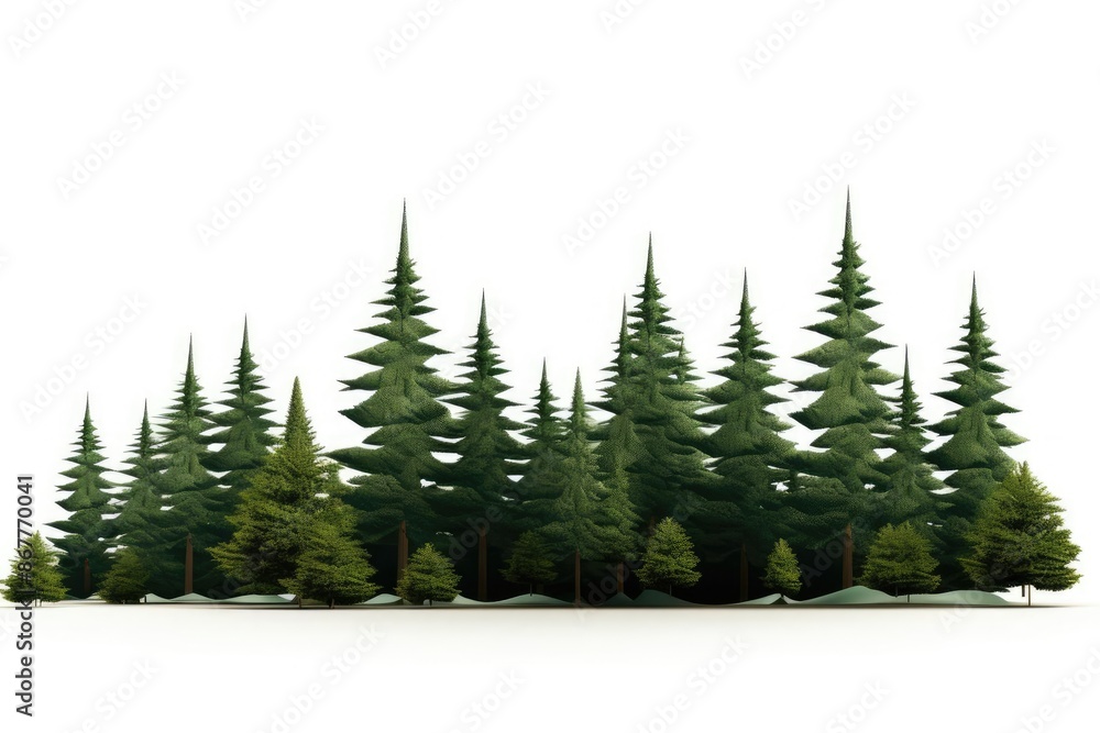 A group of evergreen trees stand tall against a white background. The trees are of various sizes, creating a lush and natural scene. A group of evergreen trees stand tall against a white background. The trees are of various sizes, creating a lush and natural scene.