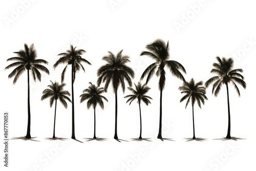 Silhouettes of palm trees against a white background.  Tropical vacation concept.  Perfect for travel, summer, and beach themes. © Sarinrata