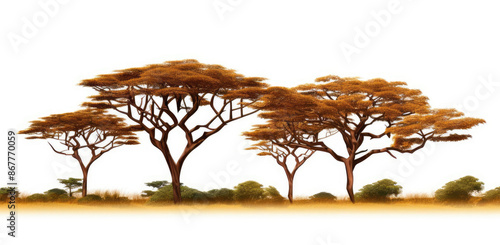 Three acacia trees stand tall against a white background, creating a silhouette of the African savanna.