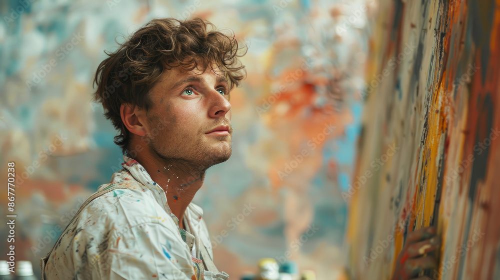 Young man artist painting in a colorful, abstract art studio. Young man artist painting in a colorful, abstract art studio.