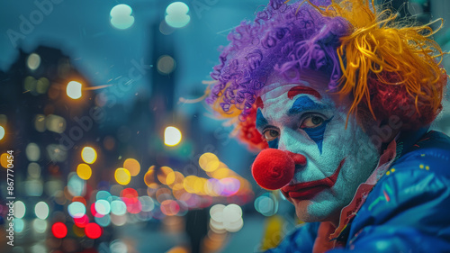 A clown in colorful makeup and wig at night in a city with bokeh lights.