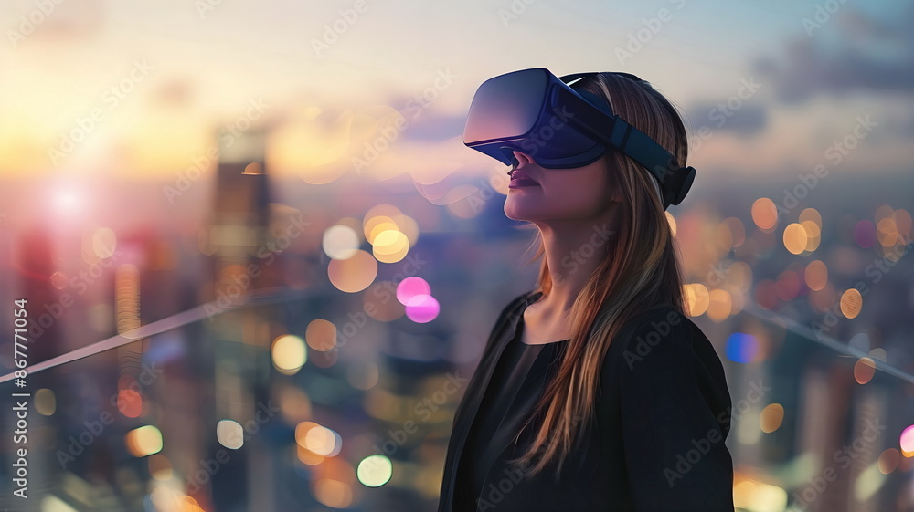 Fototapeta premium Woman Virtual Reality Headset Cityscape Evening Lights Experience Immersion Technology