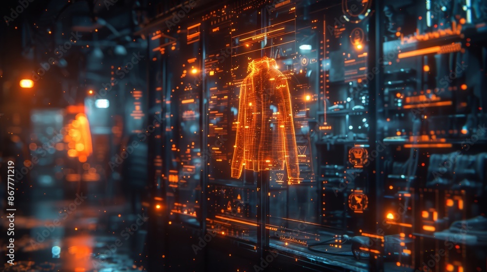 Fototapeta premium Futuristic Digital Coat Display in Cyberpunk City - Generative AI