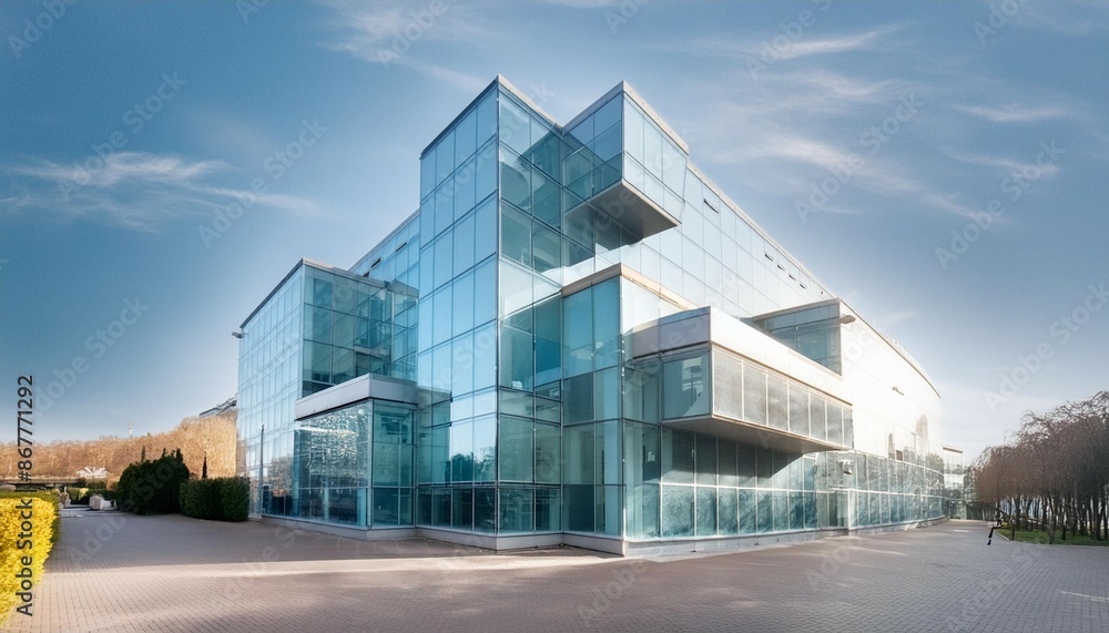 Fototapeta premium a modern, multi-story building with extensive glass paneling.