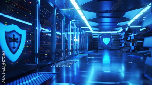 Illustration Dynamic view of data center server racks and illuminated with blue lights, advanced technology and security background. Ai generated