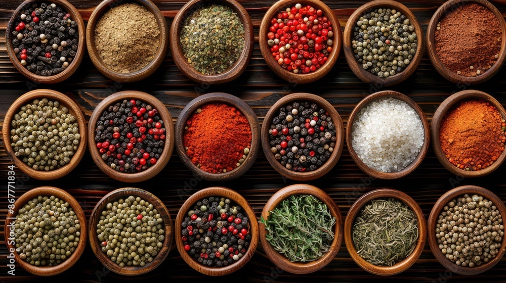 Assorted Spices and Herbs in Wooden Bowls on Dark Wooden Background Assorted Spices and Herbs in Wooden Bowls on Dark Wooden Background