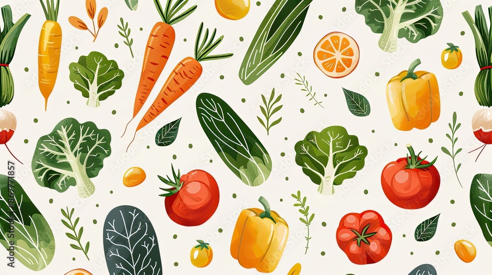 Seamless Pattern of Fresh Vegetables in Vibrant Colors on White Background Seamless Pattern of Fresh Vegetables in Vibrant Colors on White Background
