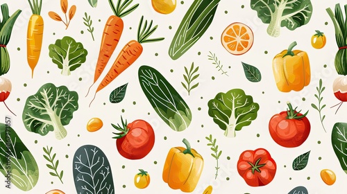 Seamless Pattern of Fresh Vegetables in Vibrant Colors on White Background