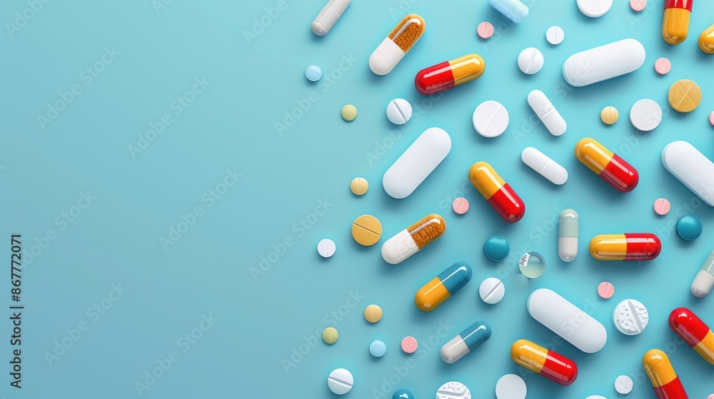 Various Colorful Pills and Capsules on Blue Background - Pharmaceutical Concept, Medication, Health and Medicine Various Colorful Pills and Capsules on Blue Background - Pharmaceutical Concept, Medication, Health and Medicine