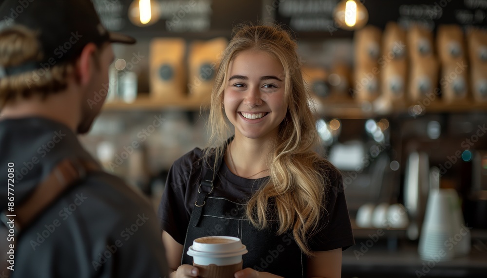 A smiling barista with long hair holds a cup of coffee, engaging with a customer in a bustling coffee shop adorned with warm lights and a friendly, inviting atmosphere. A smiling barista with long hair holds a cup of coffee, engaging with a customer in a bustling coffee shop adorned with warm lights and a friendly, inviting atmosphere.