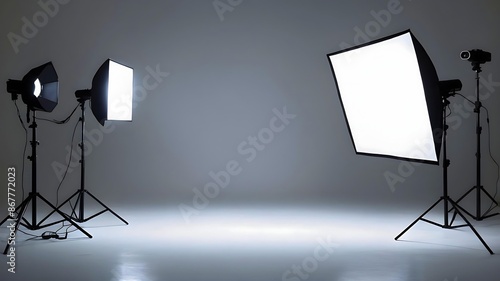 Empty Photography Studio with Professional Lighting Setup. Photographer's Workspace, Inside a Photographer's Studio, Quiet Studio Scene