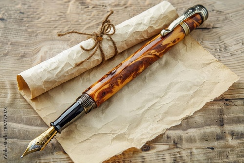 Elegant vintage fountain pen and rolled parchment paper tied with string on a rustic wooden table. Perfect for writing and calligraphy enthusiasts. photo