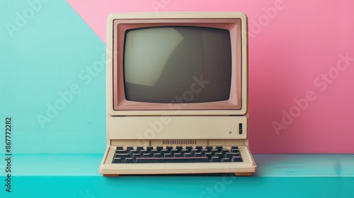 Retro Vintage Computer on Colorful Background - Nostalgic Technology and Digital Era