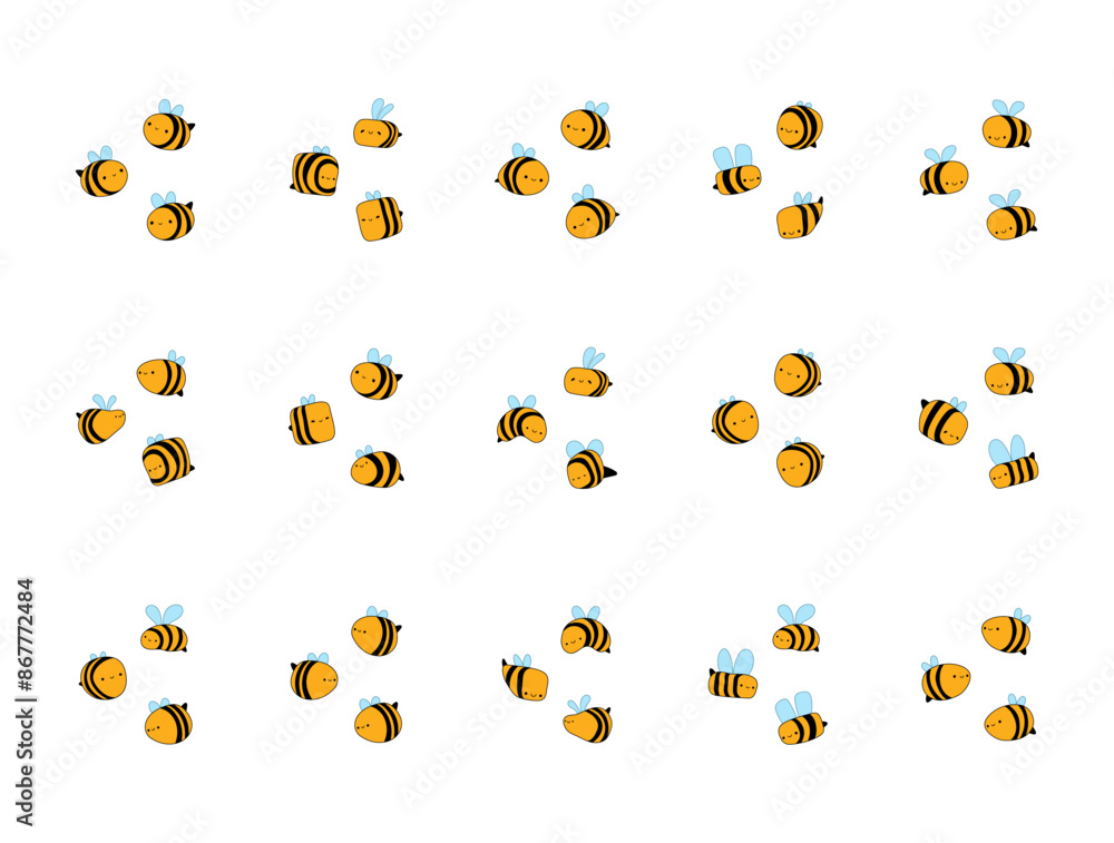Cute cartoon bee characters. Honeybee with a smiling face. Hand drawn style. Vector drawing. Collection of design elements.