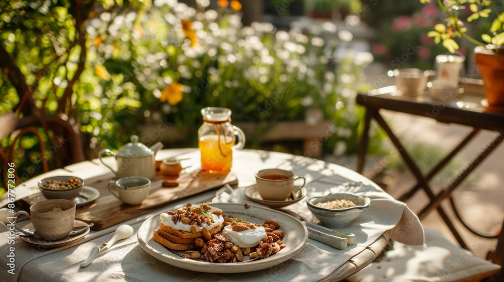 A tranquil outdoor breakfast setting on a patio, featuring a light meal of yogurt with honey and nuts, a slice of whole grain toast, and a pot of herbal tea, with a view of a blooming garden A tranquil outdoor breakfast setting on a patio, featuring a light meal of yogurt with honey and nuts, a slice of whole grain toast, and a pot of herbal tea, with a view of a blooming garden