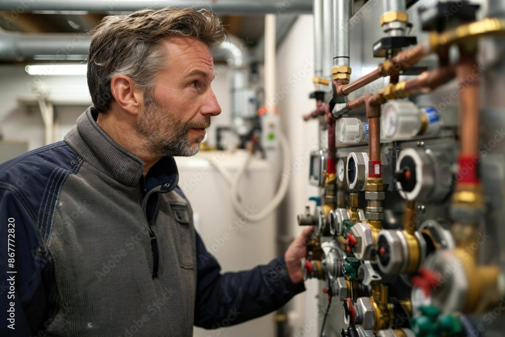 Side view photo of mature male Caucasian homeowner observing closely as a professional plumber installs a new water heater in their residence. Side view photo of mature male Caucasian homeowner observing closely as a professional plumber installs a new water heater in their residence.