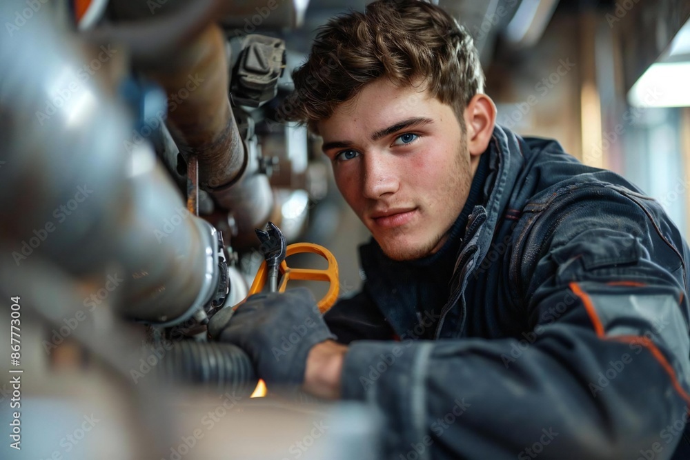 Close-up photo of young Caucasian male technician inspecting fireplace tools and equipment at a residential home Close-up photo of young Caucasian male technician inspecting fireplace tools and equipment at a residential home