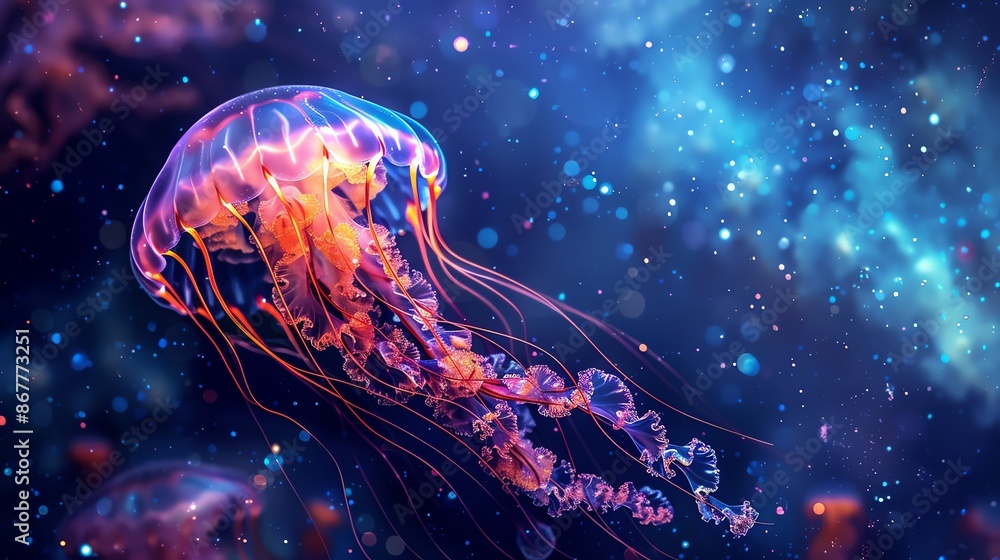 Naklejka premium A mesmerizing display of jellyfish gracefully floating in the ocean's depths. 