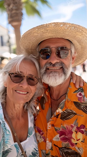  Selfie of senior couple on summer vacation.