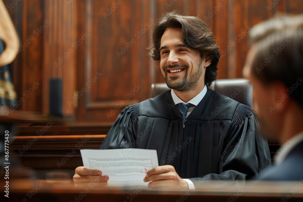 Rear view photo of young male Caucasian lawyer receiving stamped document with a smile of relief in courthouse Rear view photo of young male Caucasian lawyer receiving stamped document with a smile of relief in courthouse