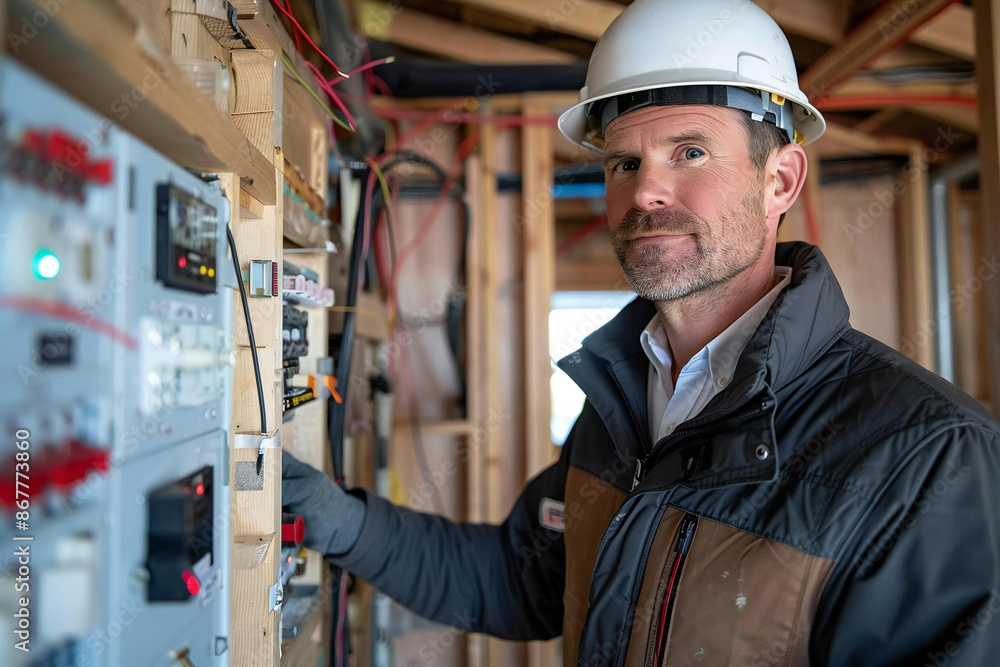 Full body photo of male Caucasian electrician inspecting fusebox at construction site. Full body photo of male Caucasian electrician inspecting fusebox at construction site.