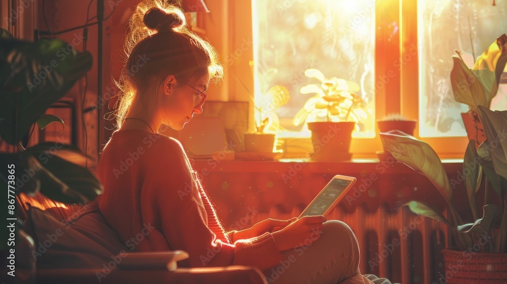 Young woman reading in cozy sunlit room surrounded by plants, enjoying a peaceful moment during a warm sunset. Young woman reading in cozy sunlit room surrounded by plants, enjoying a peaceful moment during a warm sunset.