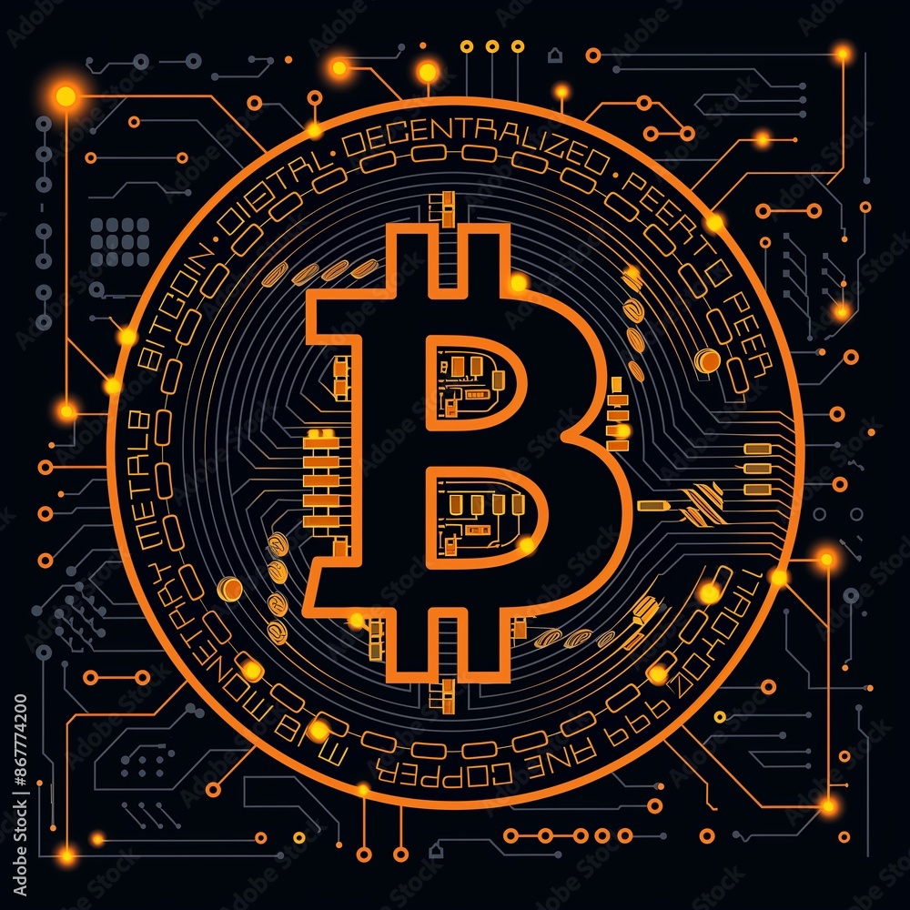 Golden bitcoin coin with circuit electric line, flash, black light glowing lights. Bitcoin halving concept. Cryptocurrency vector,illust Golden bitcoin coin with circuit electric line, flash, black light glowing lights. Bitcoin halving concept. Cryptocurrency vector,illust