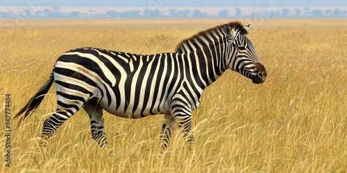 The image shows a single zebra walking on the African savanna.