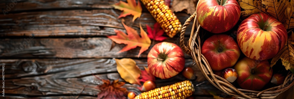 Basket with apples and corn on wooden table background. Autumn harvest season. Organic farm products concept. Agriculture and farming. Flat lay composition, banner with copy space Basket with apples and corn on wooden table background. Autumn harvest season. Organic farm products concept. Agriculture and farming. Flat lay composition, banner with copy space