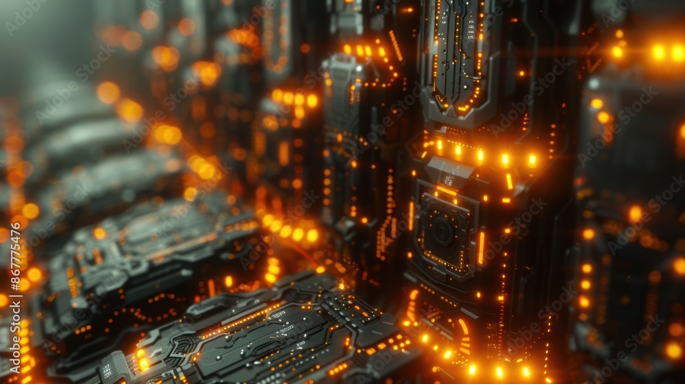 Big pillar decorated with yellow glowing electrical circuits. Big pillar decorated with yellow glowing electrical circuits.