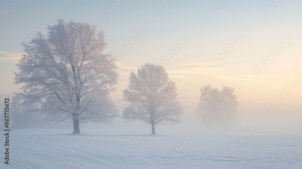 Snow covered field with leafless trees under foggy sky Snow covered field with leafless trees under foggy sky