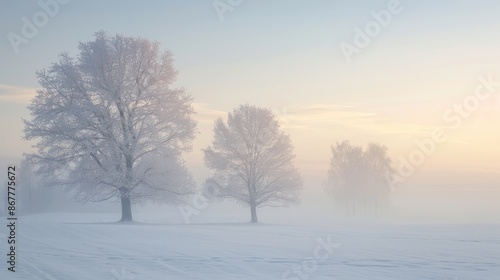 Snow covered field with leafless trees under foggy sky