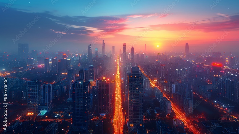 Fototapeta premium Breathtaking Cityscape at Sunset - Generative AI