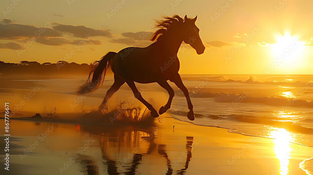 Golden horse galloping on beach at sunset Golden horse galloping on beach at sunset