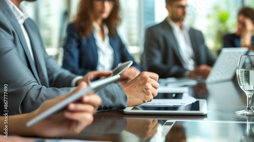 Business People Working on Digital Tablet During Meeting in Boardroom