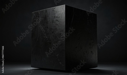 An ominous giant black cube rotating on one of its corner, black background, cube is smooth like black granite	