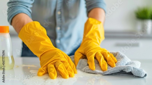 Cleaning a Countertop with Yellow Gloves