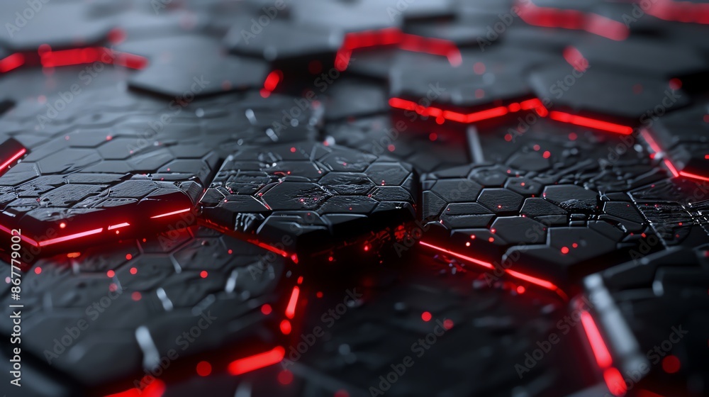 3d geometric abstract background of hexagons with red neon lights 3d geometric abstract background of hexagons with red neon lights