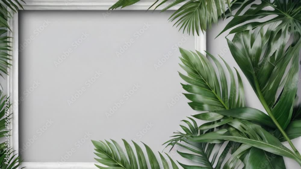 Animated background of green palm leaves moving in motion. Floral white mockup frame. AI generated Animated background of green palm leaves moving in motion. Floral white mockup frame. AI generated