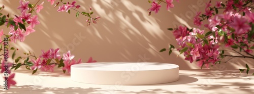 Lovely pink blossoms on circular pedestal create tranquil, sophisticated setting beauty and peacefulness combined